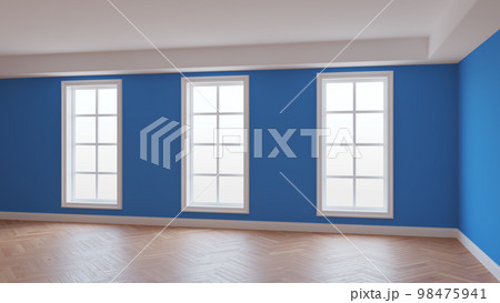 Blue Walls Interior, Three Large Windows, Light Glossy Herringbone Parquet Floor and a white Plinth. Beautiful Unfurnished Concept of the Room. 3D Illustration, Ultra HD 8K, 7680x4320, 300 dpi Blue Walls Interior, Three Large Windows, Light Glossy Herringbone Parquet Floor and a white Plinth. Beautiful Unfurnished Concept of the Room. 3D Illustration, Ultra HD 8K, 7680x4320, 300 dpi 98475941