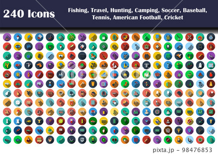 240 Icons Of Fishing, Travel, Hunting, Camping, Soccer, Baseball, Tennis, American Football, Cricket 98476853