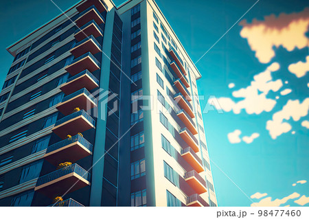 Multi-storey houses with windows and low angle buildings Multi-storey houses with windows and low angle buildings 98477460