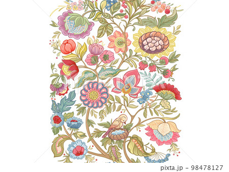 Fantasy flowers in retro, vintage, jacobean embroidery style.  98478127