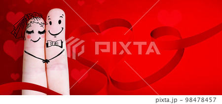 Happy finger couple in love with elegant ribbon. 3d illustration. Happy finger couple in love with elegant ribbon. 3d illustration. 98478457