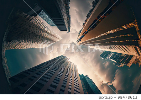 low angle buildings against backdrop of blue sky and white clouds 98478613
