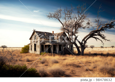 Dry flat field with broken wooden abandoned farm houses 98478632