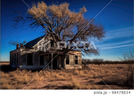 Bright blue sky on summer day and empty broken abandoned farm houses Bright blue sky on summer day and empty broken abandoned farm houses 98478634