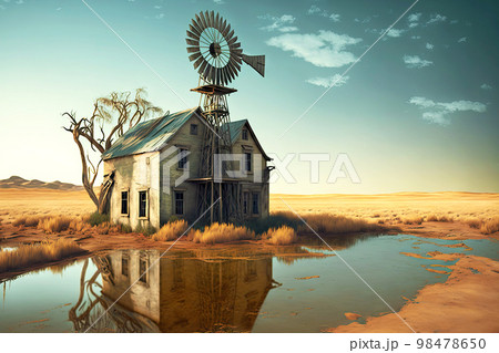 Old abandoned farm houses with weather vane on edge of small pond 98478650