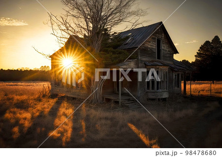 Rays of setting sun illuminating dark ruined abandoned farm houses 98478680