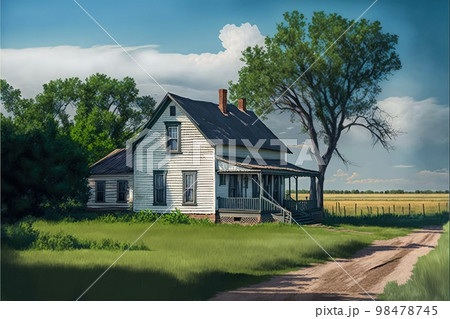 abandoned farm houses with porch and white painted walls 98478745