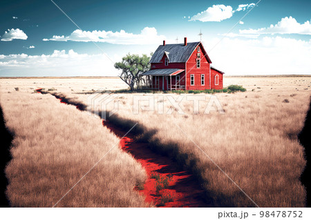 Red wooden abandoned farm houses in field with fluffy yellow ears Red wooden abandoned farm houses in field with fluffy yellow ears 98478752