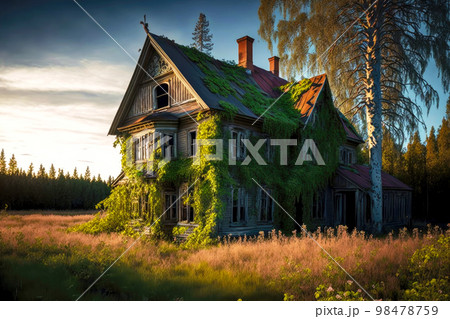 Large ruined abandoned farm houses with walls covered with moss and branches 98478759