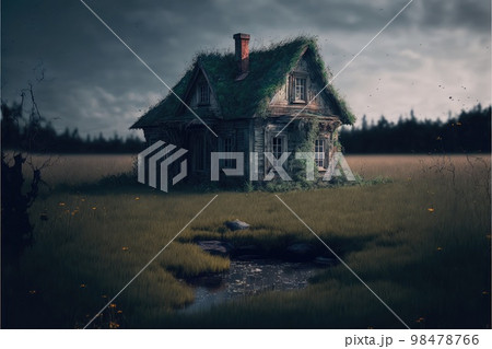Gloomy summer day and lonely empty abandoned farm houses in field 98478766
