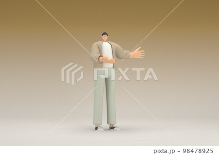 A man with glasses wearing brown cloth. He is expression of hand when talking. 3d rendering of cartoon character in acting. A man with glasses wearing brown cloth. He is expression of hand when talking. 3d rendering of cartoon character in acting. 98478925