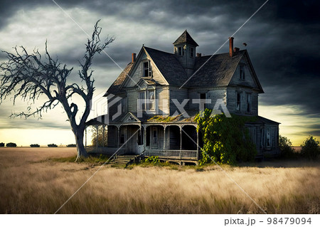 Large non-residential abandoned farm houses against background of gray sky and empty field Large non-residential abandoned farm houses against background of gray sky and empty field 98479094