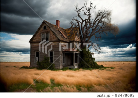 Large non-residential abandoned farm houses against background of gray sky and empty field Large non-residential abandoned farm houses against background of gray sky and empty field 98479095