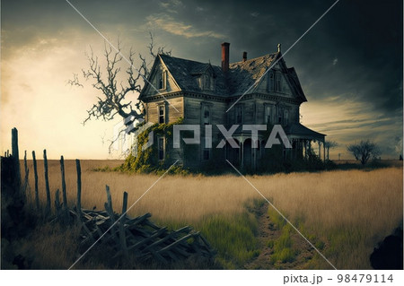 Evening landscape with empty abandoned farm houses in yellow green field Evening landscape with empty abandoned farm houses in yellow green field 98479114