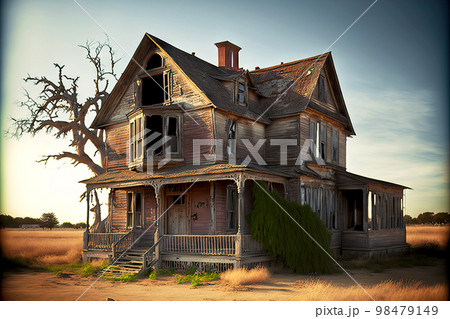 Dry gnarled wood next to wooden ruined abandoned farm houses 98479149