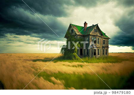 Standing in middle of flat field abandoned farm houses with green walls Standing in middle of flat field abandoned farm houses with green walls 98479180
