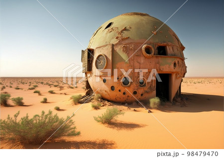 Built in dry desert abandoned bunker with round concrete walls 98479470
