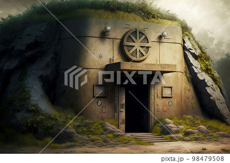 Dug into mound abandoned bunker with metal open door Dug into mound abandoned bunker with metal open door 98479508