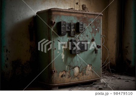 Technical equipment in metal cabinet in abandoned bunker 98479510