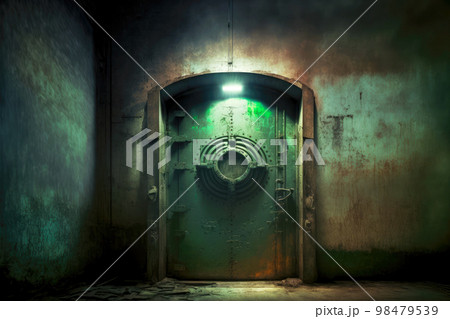 Thick metal door in abandoned bunker for rescue 98479539