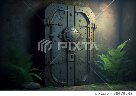 Metal doors made of durable thick metal with lock in abandoned bunker 98479542