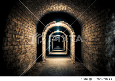 Empty tunnel illuminated by leading lamps in abandoned bunker 98479633