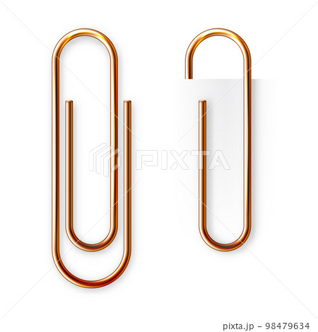 Realistic copper paperclip attached to paper isolated on white background. Shiny metal paper clip, page holder, binder. Workplace office supplies. Vector illustration 98479634