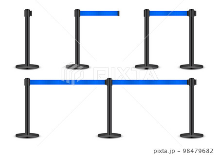 Realistic blue retractable belt stanchion. Crowd control barrier posts with caution strap. Queue lines. Restriction border and danger tape. Attention, warning sign. Vector illustration 98479682