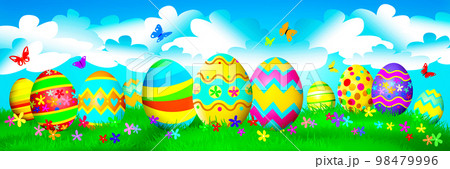 Beautiful Easter background with colorful Easter eggs. 3d illustration Beautiful Easter background with colorful Easter eggs. 3d illustration 98479996
