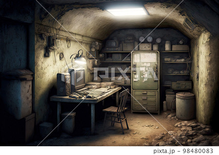 Old abandoned bunker with table and broken radio equipment Old abandoned bunker with table and broken radio equipment 98480083