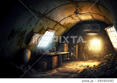 Old abandoned bunker with table and broken radio equipment 98480085