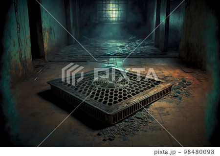 Metal grille on dirty floor of empty abandoned basement 98480098