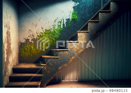 Dirty steps descending into empty abandoned basement Dirty steps descending into empty abandoned basement 98480115