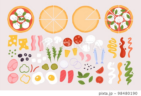 Pizza constructor ingredients. Mushrooms, sausage, cheese and vegetables, mozzarella and various sauces. Italian pizza maker racy vector set Pizza constructor ingredients. Mushrooms, sausage, cheese and vegetables, mozzarella and various sauces. Italian pizza maker racy vector set 98480190