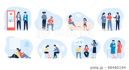People drink coffee with friend, colleagues or family. Couple at home, female friends drinking and talk on sofa. Hot beverages in office, recent vector scenes 98480194