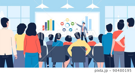 Business seminar or it teaching company. Financial lecture for employees, marketing and sales presentation in office. Conference recent vector scene Business seminar or it teaching company. Financial lecture for employees, marketing and sales presentation in office. Conference recent vector scene 98480195