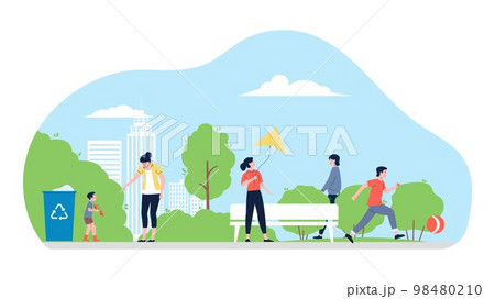 People walk in city park. Flat cute characters...のイラスト素材 [98480210] - PIXTA