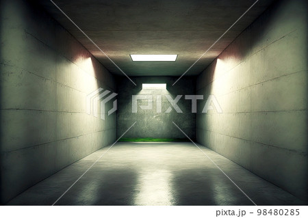 Empty illuminated abandoned basement with clean flat floor 98480285