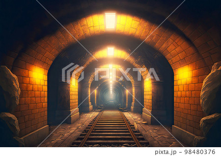 Illuminated empty tunnel in stone-lined abandoned basement Illuminated empty tunnel in stone-lined abandoned basement 98480376