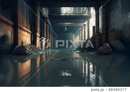 Flooded with water destroyed abandoned basement in old house Flooded with water destroyed abandoned basement in old house 98480377