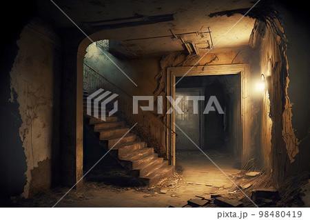 Ruined staircase in broken house in abandoned basement Ruined staircase in broken house in abandoned basement 98480419