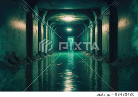 Old dilapidated abandoned basement with flooded floor 98480430