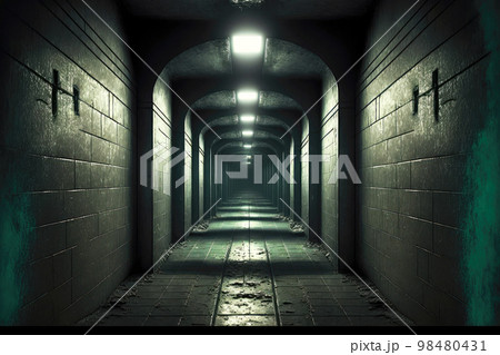 Long narrow abandoned basement with lamps on ceiling and wet floor Long narrow abandoned basement with lamps on ceiling and wet floor 98480431
