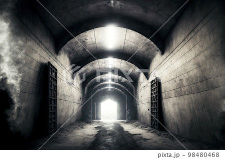Long tunnel with lighting in distance in old abandoned basement 98480468