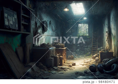 Dusty abandoned basement littered with old junk and dirty things Dusty abandoned basement littered with old junk and dirty things 98480471