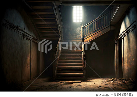 Old ruined house with stairs and abandoned basement Old ruined house with stairs and abandoned basement 98480485