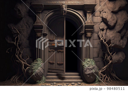 Entrance with steps and old door to abandoned basement 98480511