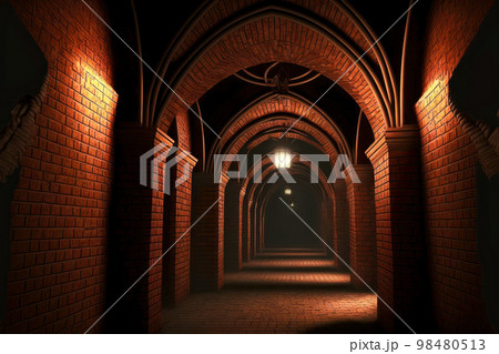 Brick corridor with arches in empty abandoned basement Brick corridor with arches in empty abandoned basement 98480513