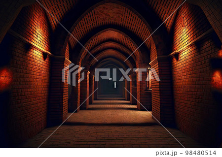 Brick corridor with arches in empty abandoned basement Brick corridor with arches in empty abandoned basement 98480514