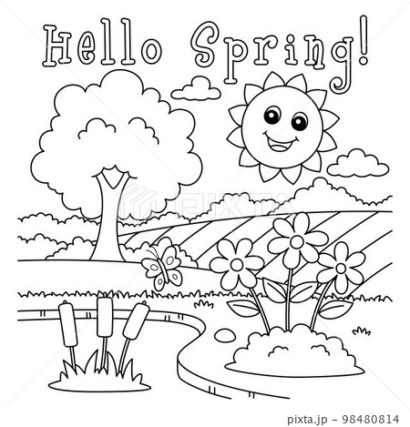 Hello Spring Smiling Sun Coloring Page for Kids 98480814